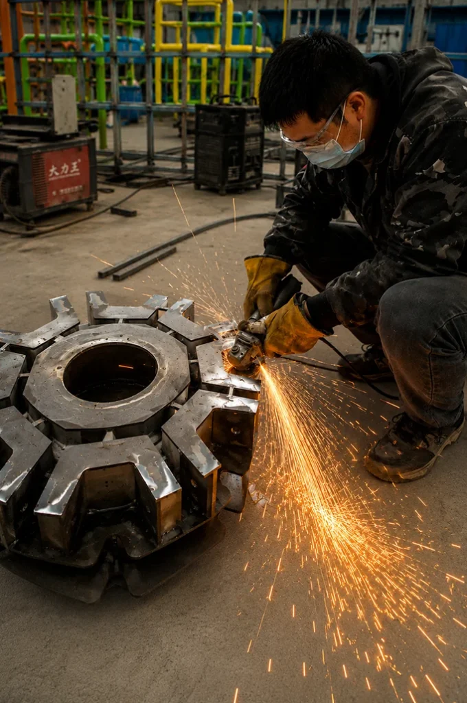 A worker at Leban Play, wearing a face mask and protective gear, uses an angle grinder to smooth a large gear-shaped metal structure, creating a spray of sparks. This scene is from the indoor playground manufacturing process.