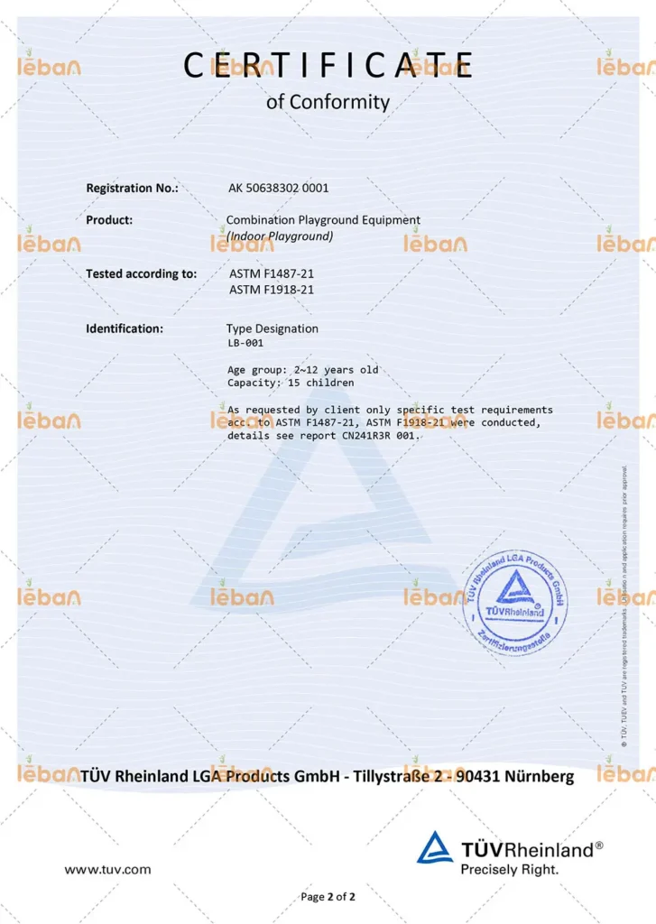 TÜV Rheinland Certificate of Conformity for LebanPlay's indoor playground structures, strictly tested to American safety standards ASTM F1918 and ASTM F1487.