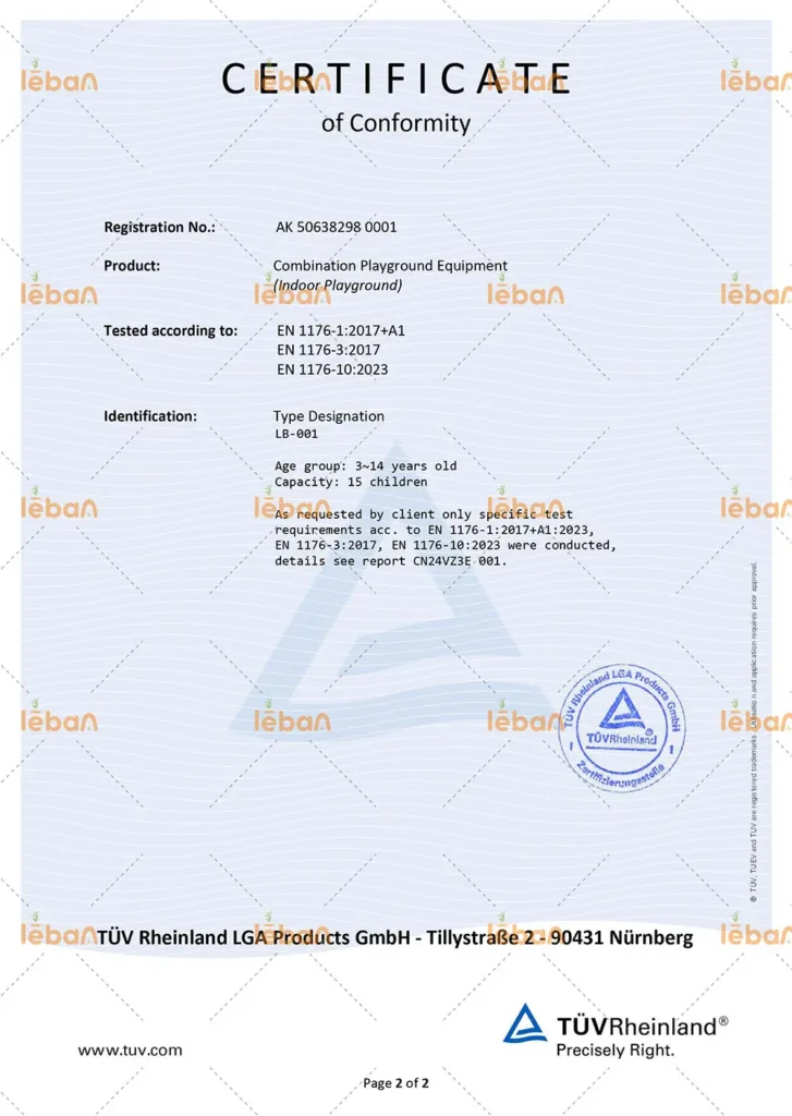 TÜV Rheinland Certificate of Conformity for LebanPlay's commercial indoor playground equipment, fully tested and certified to European safety standard EN 1176.