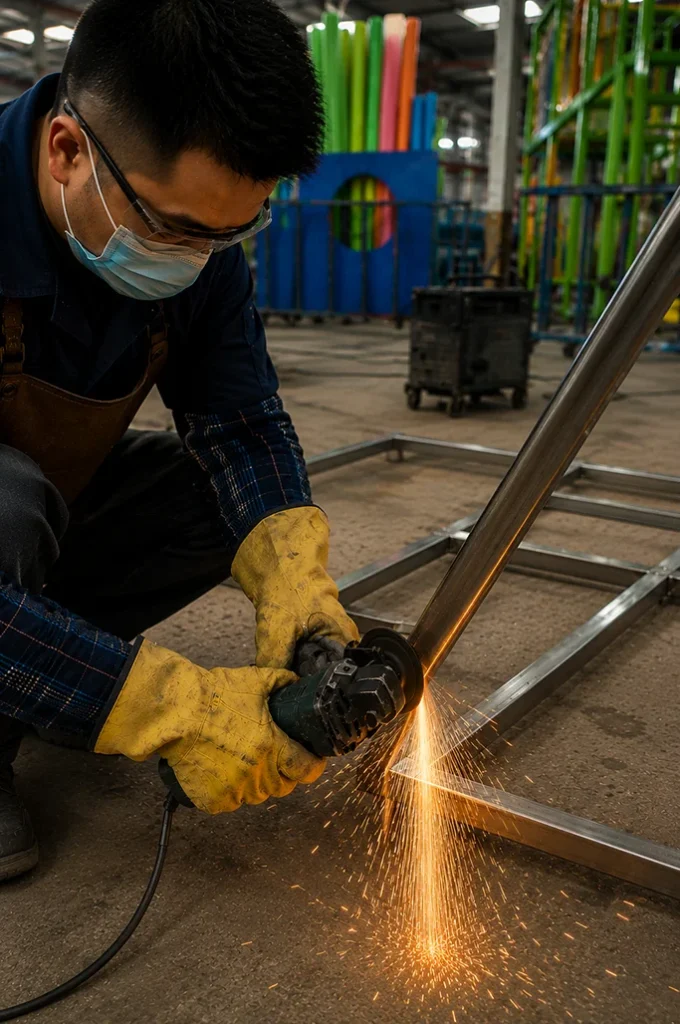 A skilled worker at Leban Play grinding a metal frame with sparks flying during the indoor playground manufacturing process.