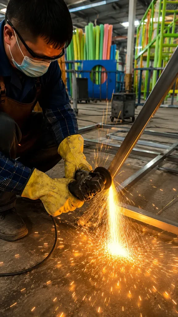 A skilled worker at Leban Play grinding a metal frame with sparks flying during the indoor playground manufacturing process.
