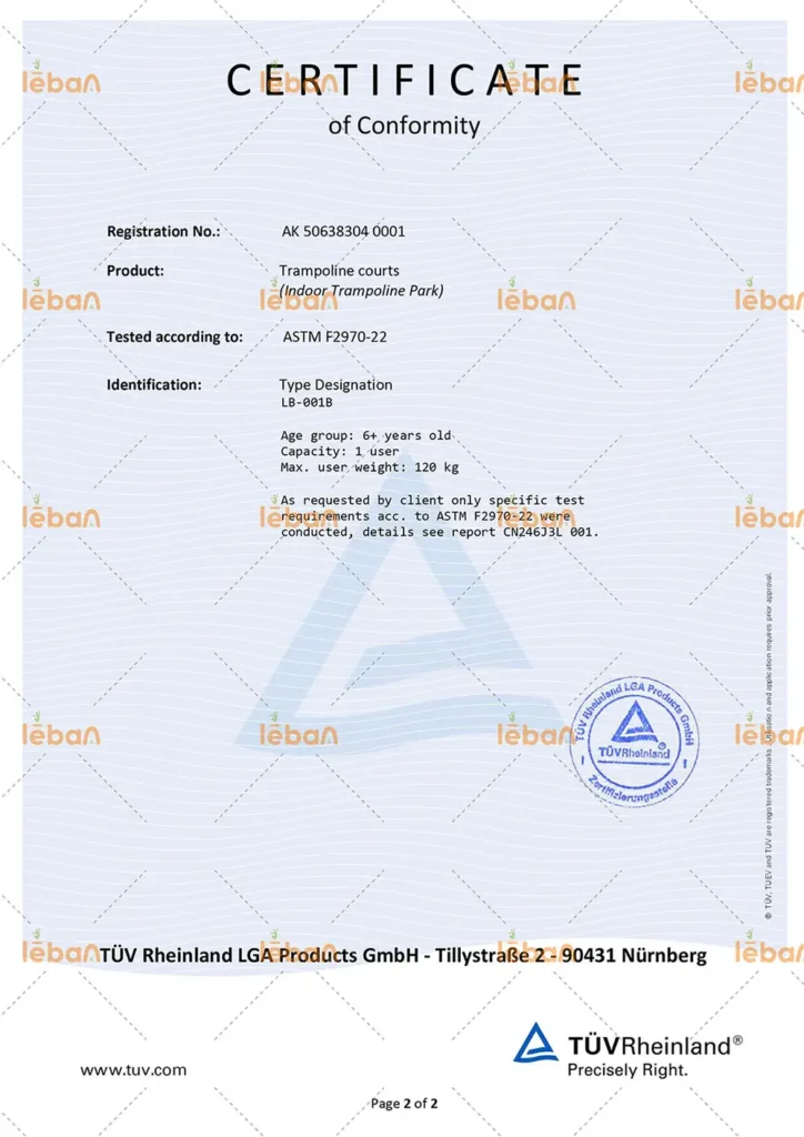 TÜV Rheinland Certificate of Conformity for LebanPlay's commercial trampoline courts, officially certified to North American safety standard ASTM F2970.