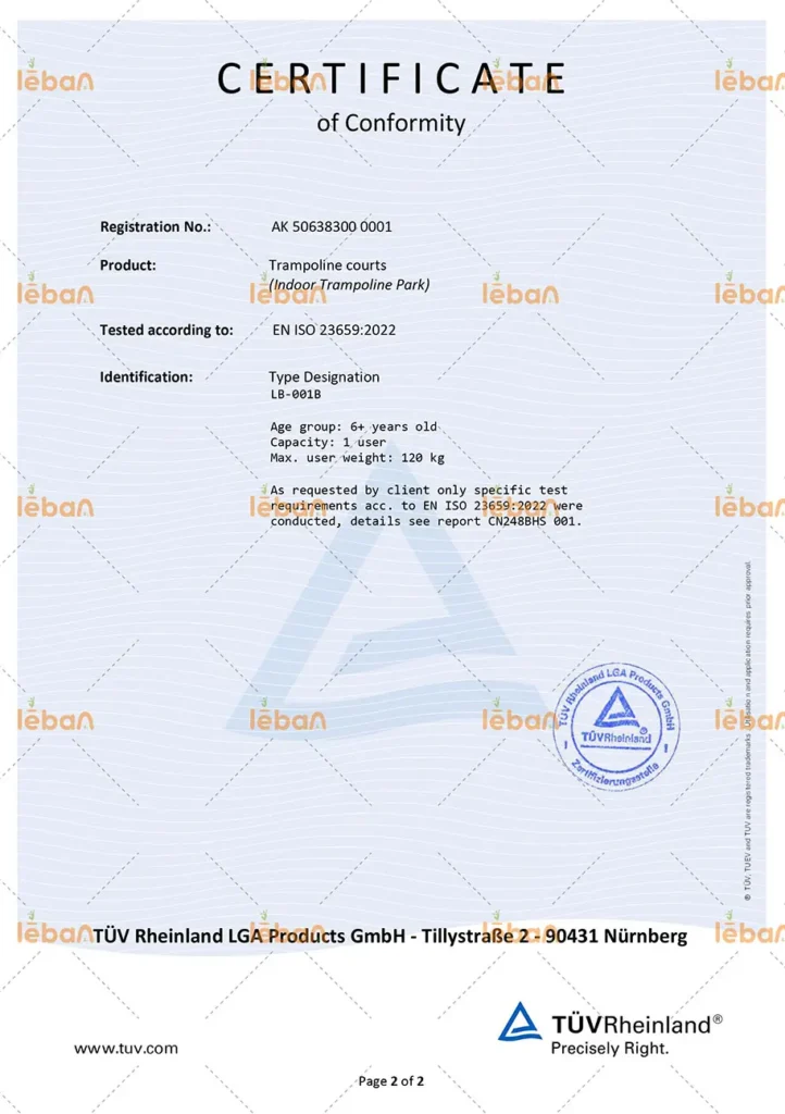 TÜV Rheinland Certificate of Conformity for LebanPlay's indoor trampoline parks, ensuring strict compliance with European safety standard EN ISO 23659.