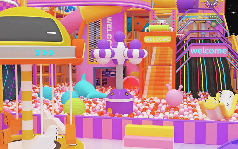 Macaron pastel indoor playground theme with colorful ball pit, slides, and soft play structures.