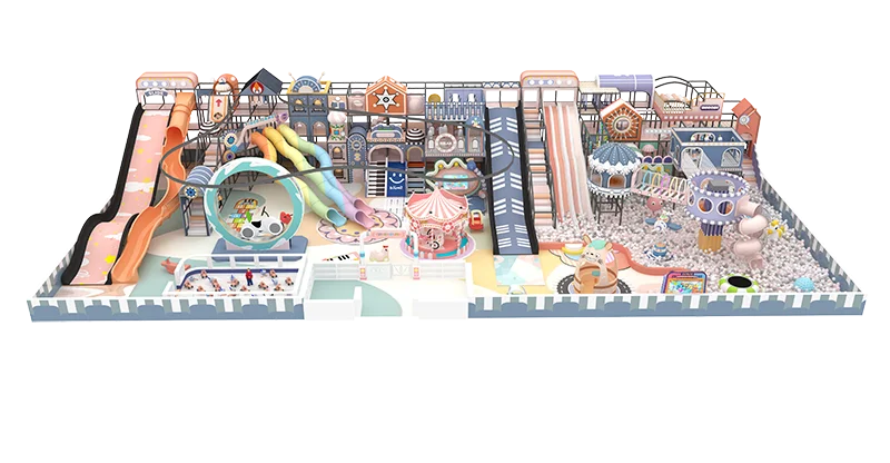 Macaron indoor playground layout design showing slides, ball pool areas, toddler zones, and multiple activity spaces