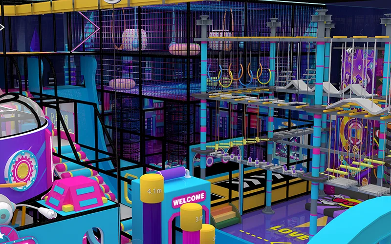 Neon space adventure indoor playground theme with climbing nets, rope course, and multi-level challenge structures.