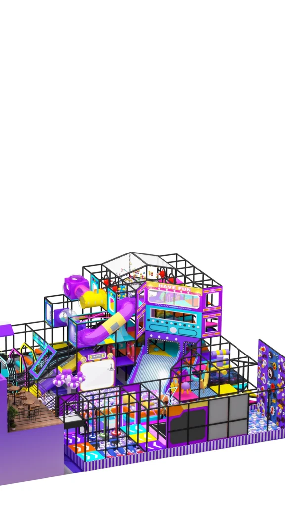 A vibrant, neon-themed 3D design concept for a multi-level indoor playground featuring tube slides, climbing frames, and a ball pit.