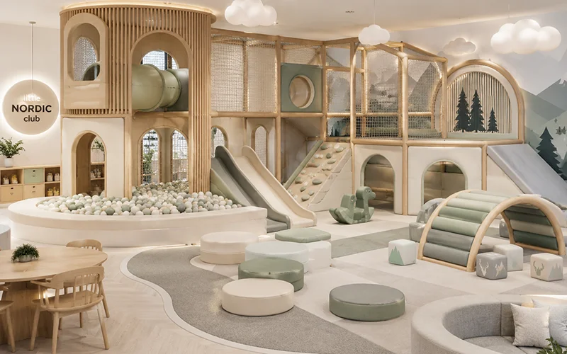 Modern Nordic Natural themed indoor playground for kids, featuring clean colors, natural textures, and minimalist design creating a calm, premium play environment.