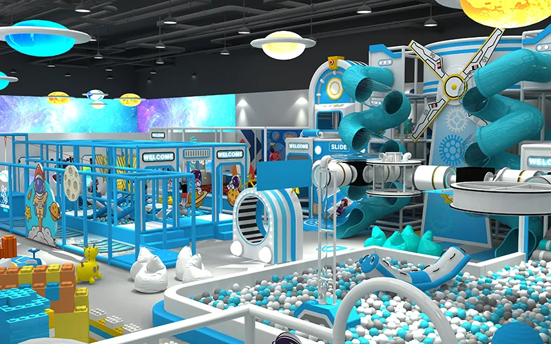 Modern space-themed indoor playground featuring trampoline zones, climbing structures, slides, interactive play areas, and colorful design for kids and families.