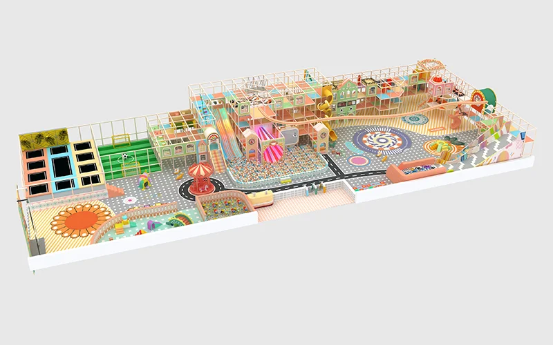 1000 sqm pastel indoor playground with trampoline, soccer area, ball pit, rainbow slides, tube slide and soft play maze