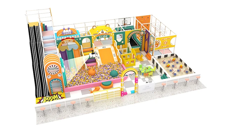 180 sqm pastel indoor playground with ball pit, slides, trampoline, climbing wall, basketball and sand play area