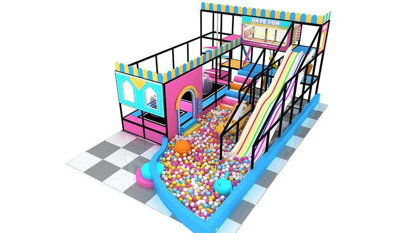 77 sqm colorful indoor playground with ball pit, rainbow slide, climbing stairs and multi-level soft play