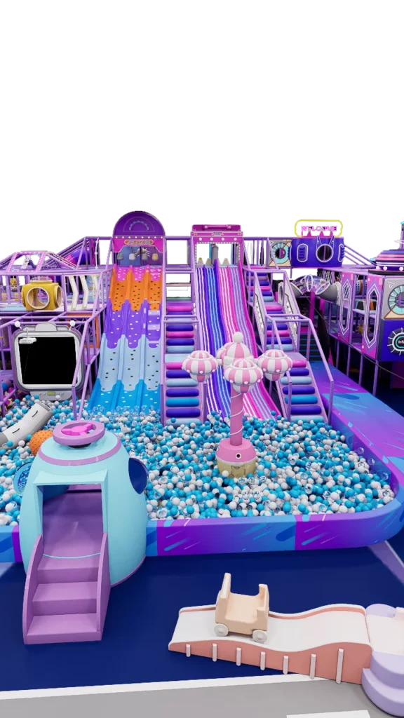 Purple space-themed indoor playground with ball pit, mega slides, UFO tower and tube slides