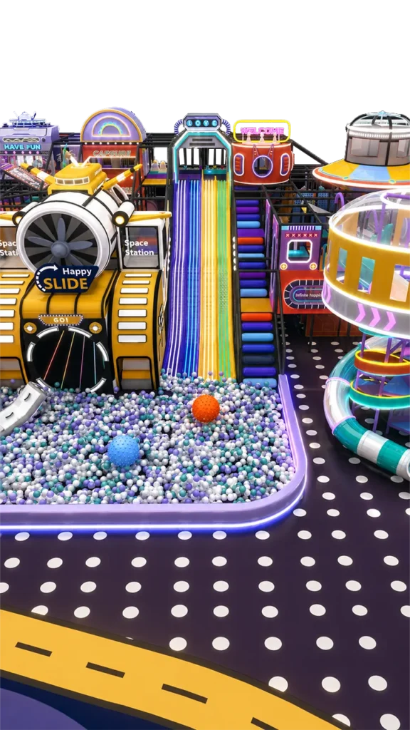 Space-themed indoor playground with mega slides, ball pit, rope course, UFO ride and soft play maze