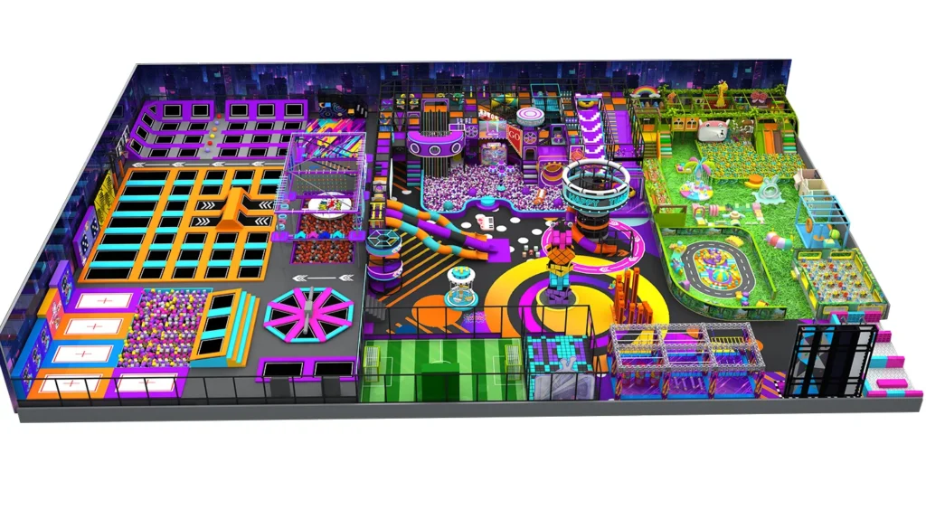 Indoor playground 3D design with ninja course, trampoline areas, climbing obstacles and interactive play structures