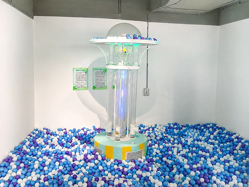 Interactive ball shower machine for indoor playground ball pit, with air-powered ball lifting system, continuous ball drop effect, and engaging sensory play experience for children