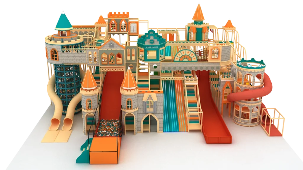 Castle themed indoor playground equipment design with towers, slides, climbing structures, and soft play elements