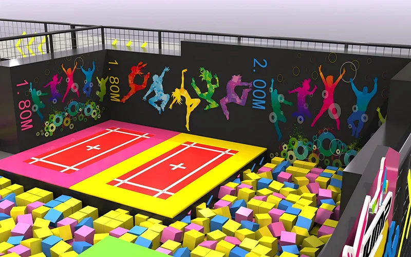 High-performance professional trampoline zone with a safety foam pit and jump height markers for advanced aerial tricks.