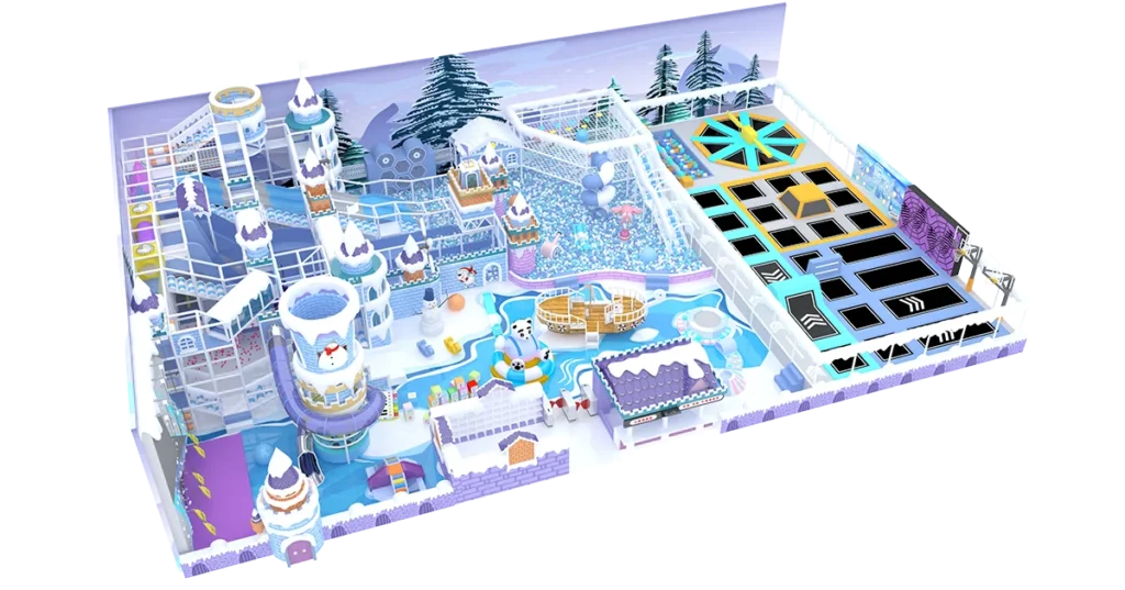Ice and snow themed indoor playground project with multi-level castle play structures, soft play areas, and trampoline facilities