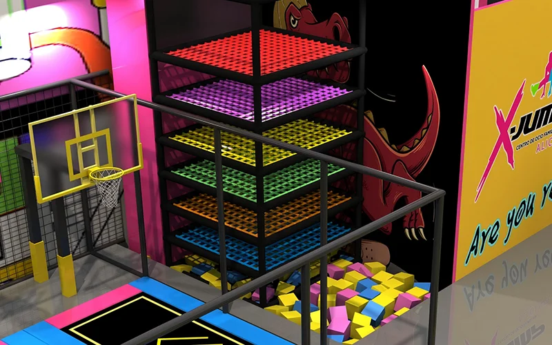 Multi-level elastic webbing spider tower drop structure ending in a safety foam pit for commercial trampoline parks.