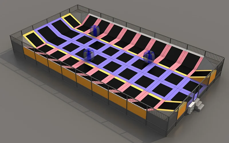 Commercial indoor trampoline dodgeball arena enclosed with safety netting, featuring flat jump zones and angled wall beds.