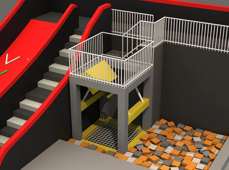 Commercial indoor amusement trapdoor drop game where players fall through a mechanical floor into a safety foam pit.