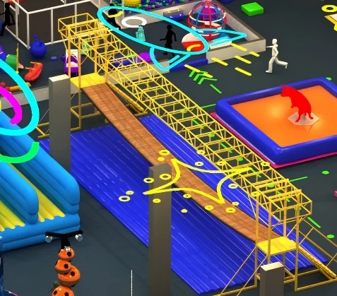 Interactive wobbly bridge suspended over a safety foam pit for competitive balance games in commercial indoor amusement parks.
