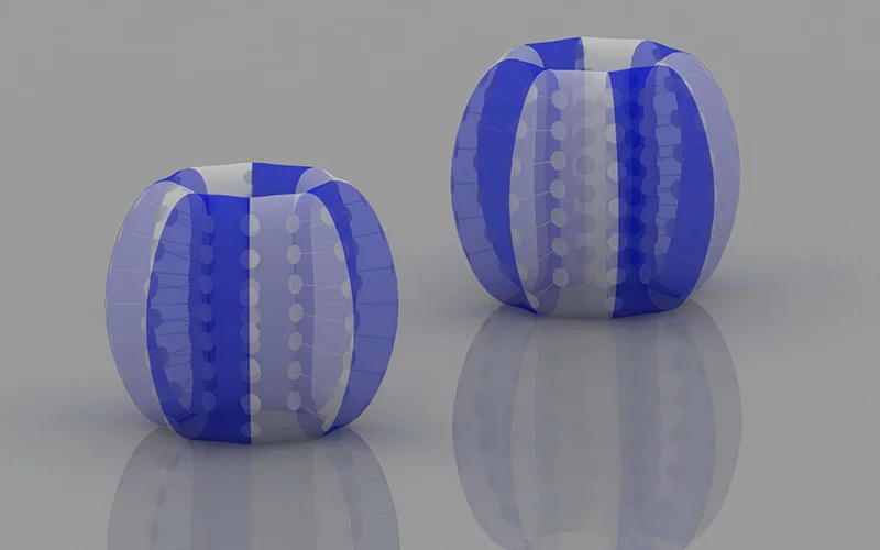 Two blue and white transparent inflatable body bumper balls designed for safe commercial bubble soccer and interactive team building games.