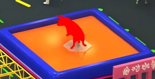 Commercial mechanical bull ride attraction featuring a red bull surrounded by a protective inflatable orange and blue mat.