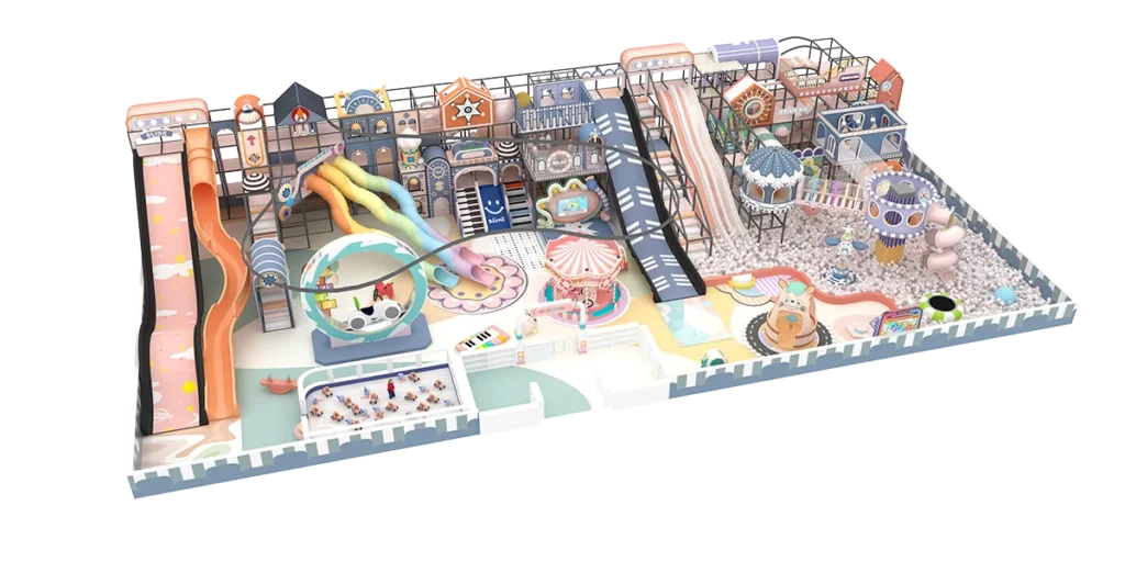 Macaron themed indoor playground design with pastel slides, ball pool, toddler play zones, and soft play structures