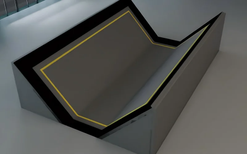 A commercial V-shaped half-pipe trampoline designed for advanced users to perform high-difficulty aerial spins and flips.