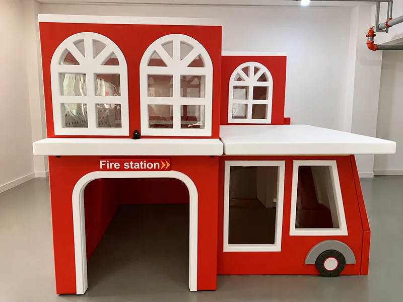 Fire station themed role play house for kids indoor playground, pretend play career simulation building with soft play safety structure and windows design