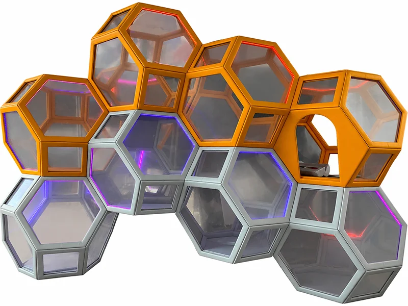 Honeycomb hexagon climbing and sliding playground structure with interconnected soft play tunnels, crawl spaces, and multiple slides for children’s indoor play