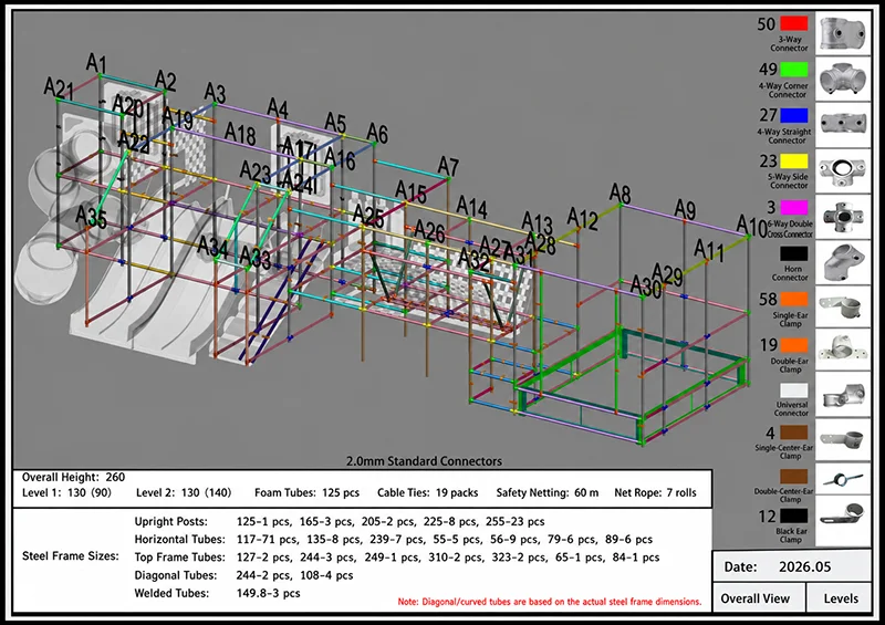 Indoor playground installation overview steel frame drawing with labeled pipes, connectors, and structure layout for commercial soft play equipment installation