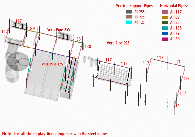 Step-by-step layered installation drawing of indoor playground steel frame showing vertical support pipes, horizontal pipes, and assembly sequence from bottom to top