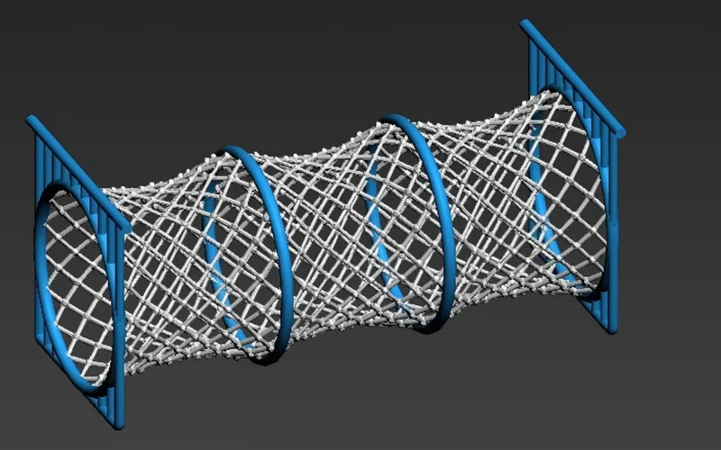 A blue framed woven rope net crawl tunnel designed to connect different play zones in commercial indoor playgrounds.