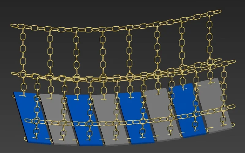 Suspended rope bridge obstacle with blue and grey planks and safety chains for indoor playground challenge courses.