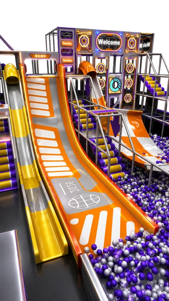 Large indoor playground 3D design with rope course, multi-level slides, trampoline zone, ball pit and interactive play structures