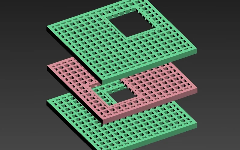 A three-tiered green and pink woven webbing platform with square crawl holes for indoor playground structures.