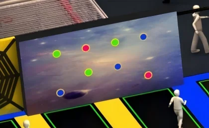Interactive digital reaction tap wall for indoor trampoline parks featuring colored light targets for coordination training.
