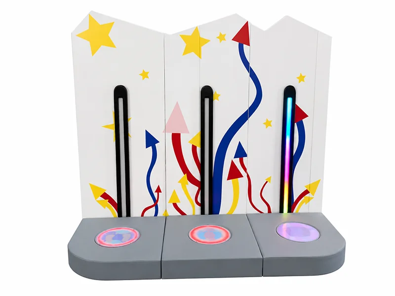Interactive stepping game floor for indoor playground, LED light reaction game that changes brightness based on kids movement and pressure, developing coordination and active play skills