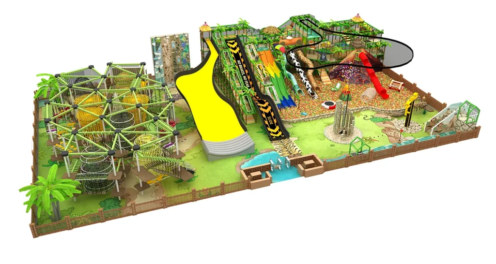 Jungle themed indoor playground design with slides, climbing structures, and adventure play zones