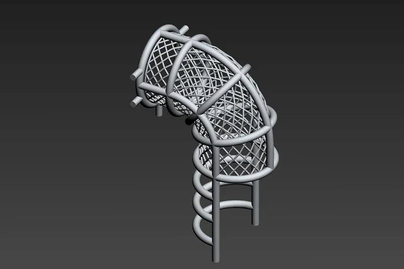 L-shaped net climbing ladder for indoor playground, featuring a steel frame and woven rope structure for elevated climbing access between play levels