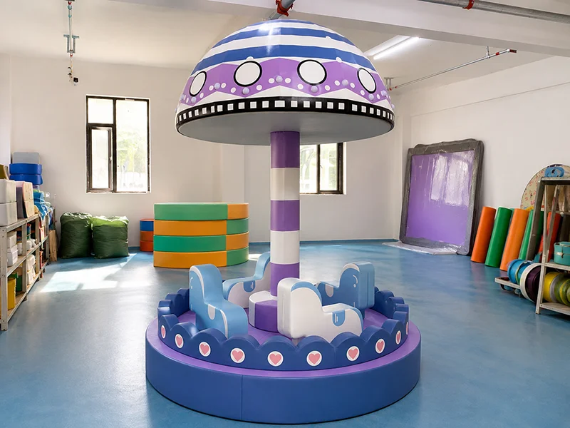 Indoor mushroom themed carousel rotating ride for kids aged 3–10, soft amusement equipment providing gentle spinning motion and immersive sensory play experience