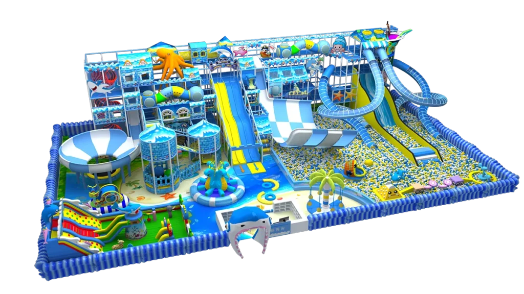 Commercial ocean indoor playground project with ball pool, tube slides, toddler play area, and marine themed soft play elements