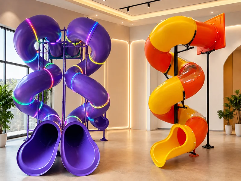 S-shaped enclosed tube slide system with dual spiral design indoor playground equipment installed in factory showroom