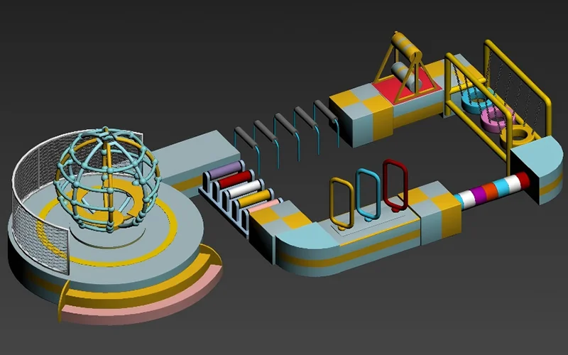 Soft obstacle course combo for indoor playground, featuring multiple padded challenge elements such as balance beams, swinging obstacles, rings, hurdles, crawl tunnels, and climbing connections for children