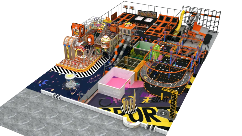 Sports themed indoor playground equipment design featuring trampoline zones, ninja course, and obstacle sports play structure for commercial FEC