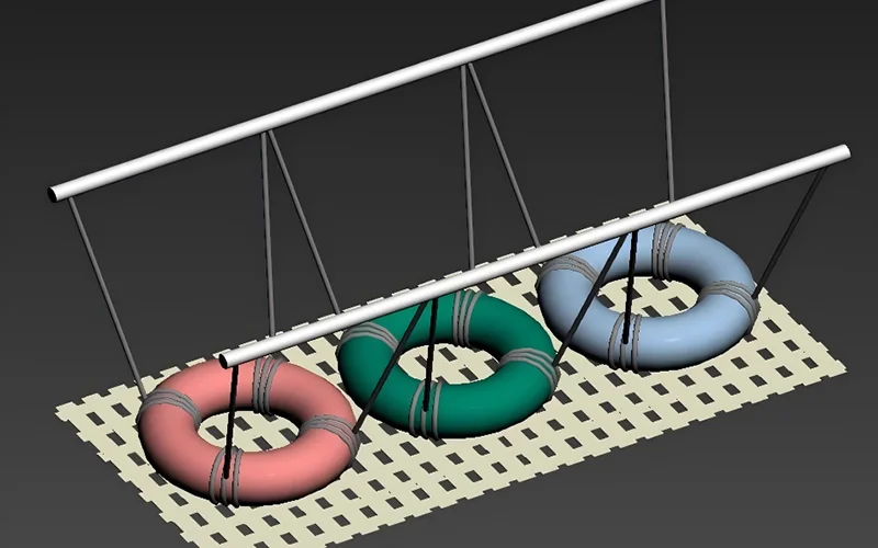 Suspended tire bridge obstacle for indoor playground, featuring webbing support, hanging tire steps, and balance challenge elements for older children and teens
