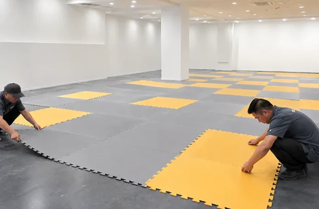 Workers installing safety floor mats during indoor playground installation preparation